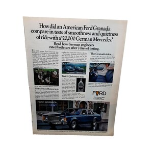 1977 Ford Granada vs Mercedes Print Ad Germany Road Test Smoothness Quiet Ride