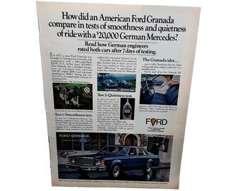 1977 Ford Granada vs Mercedes Print Ad Germany Road Test Smoothness Quiet Ride