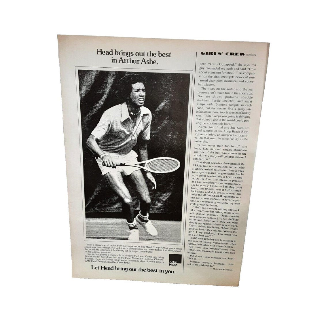 Arthur Ashe Racket 1974 Arthur Ashe AMF Head Tennis Racquet Racket Original Print Ad 70s ...
