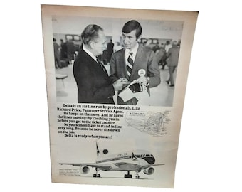 1974 Delta Air Lines with Service Agent Richard Price Original Print Ad 70s