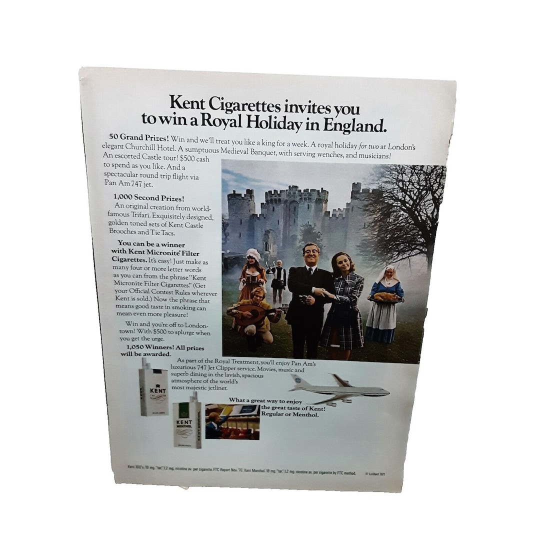 1971 Kent Cigarettes Holiday England Pan Am 747 Jet Original Vintage Print  Ad