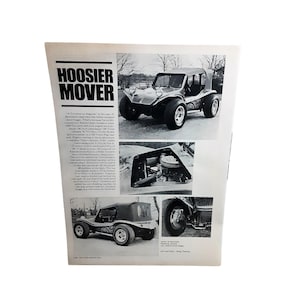 May include: A black and white magazine page titled HOOSIER MOVER featuring a custom dune buggy. The layout includes three photographs of the vehicle, showing its exterior, engine bay, and a close-up of a wheel, alongside descriptive text columns.