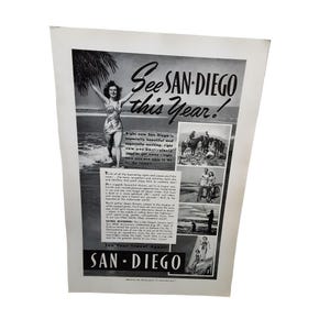 Anuncio de viaje a San Diego de 1942. Vea San Diego este año. Impresión vintage de California. Turismo de playa. Decoración de pared conmemorativa del 400 aniversario.