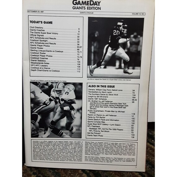 NFL Game Day September 1987 Dallas Cowboys New York Giants With Calendar -  Etsy