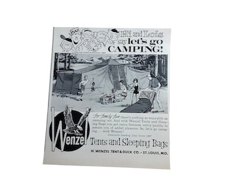 Mini anuncio impreso vintage de 1967 de la tienda de campaña y saco de dormir Wenzel, 5 x 5,5 pulgadas.