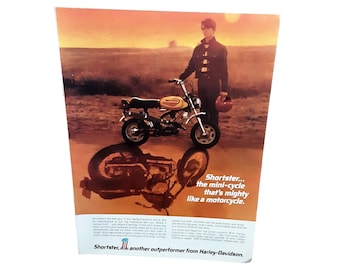 Anuncio impreso vintage de la minimoto Harley Davidson Shortster de 1972, motocicleta AMF