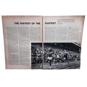 May include: A vintage magazine spread featuring the article titled THE FASTEST OF THE FASTEST by Tex Maule. The layout includes columns of printed text and a black and white photograph of three runners competing on a track in a stadium.