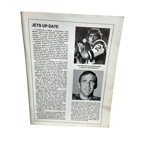 May include: A vintage newspaper page featuring two black and white photos of football players Joe Namath and John Brodie. The headline reads "JETS UP-DATE" with text discussing a game between the Jets and 49ers.