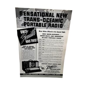 1942 Zenith Trans-Oceanic Clipper Radio Ad Vintage WWII Shortwave Print Portable Tech Retro Electronics Decor