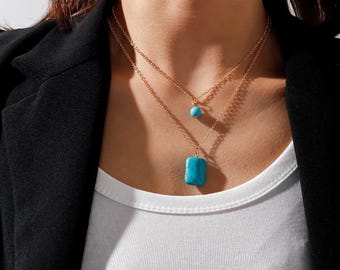 Double Layer Turquoise Pendant Necklace | Gold or Silver Plated Chains
