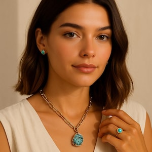 18K Gold Turquoise Pendant Necklace: Handmade Boho Gemstone Jewelry