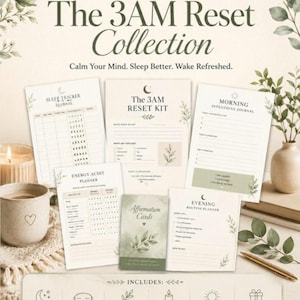 May include: The 3AM Reset Collection includes a Sleep Tracker Journal, The 3AM Reset Kit, a Morning Intentions Journal, an Energy Audit Planner, an Evening Routine Planner, and Affirmation Cards. The set features printed paper planners with botanical accents.