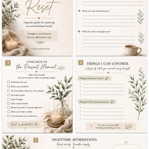 May include: A journal with a calming design, featuring the text "The 3AM Reset" and prompts for reflection. Includes sections for journaling thoughts, things to control, and nighttime affirmations. Decorated with candles and botanical illustrations.