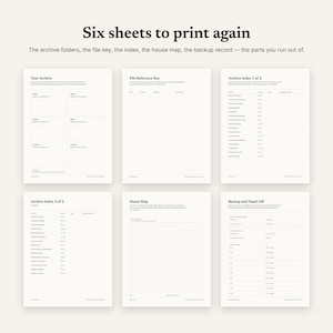 Six companion sheets to print again: archive folders, file key, index, house map, backup record