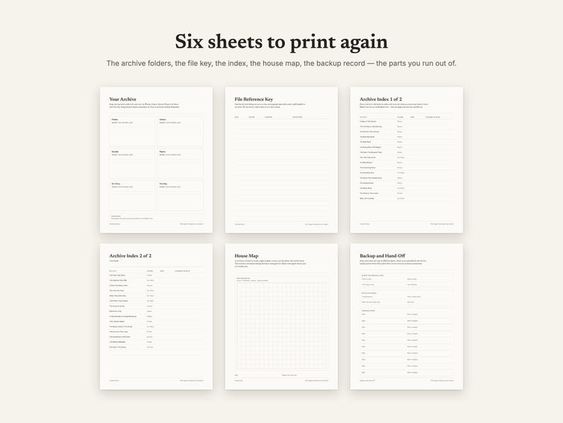 Six companion sheets to print again: archive folders, file key, index, house map, backup record