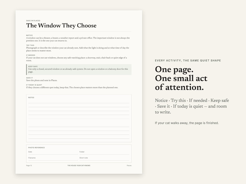 An activity page from the cat journal, The Window They Choose, with room to write