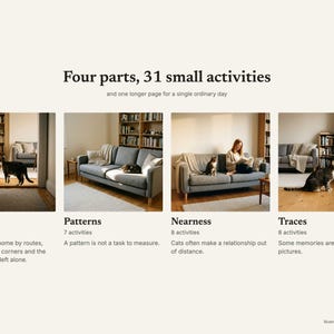 Four parts, 31 small activities: Places, Patterns, Nearness and Traces, with a cat at home in each