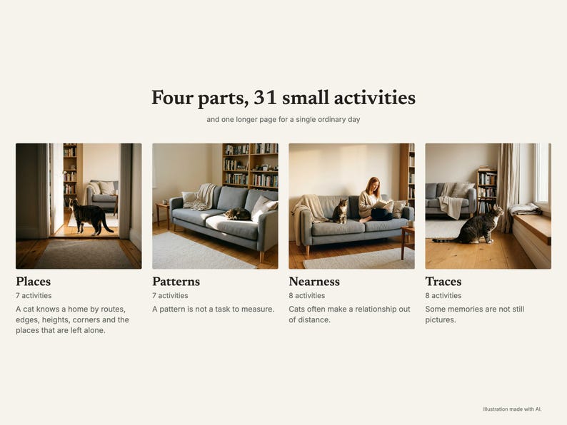Four parts, 31 small activities: Places, Patterns, Nearness and Traces, with a cat at home in each