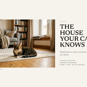 Cover of The House Your Cat Knows: a tabby cat on a rug in a sunlit living room, 31 quiet activities, printable workbook