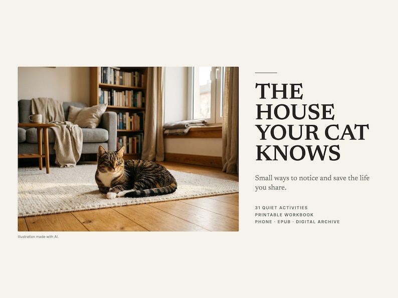 Cover of The House Your Cat Knows: a tabby cat on a rug in a sunlit living room, 31 quiet activities, printable workbook