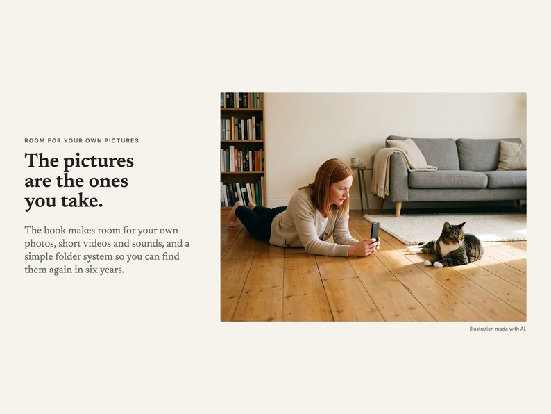 The pictures are the ones you take: a woman on the floor photographing her cat with a phone