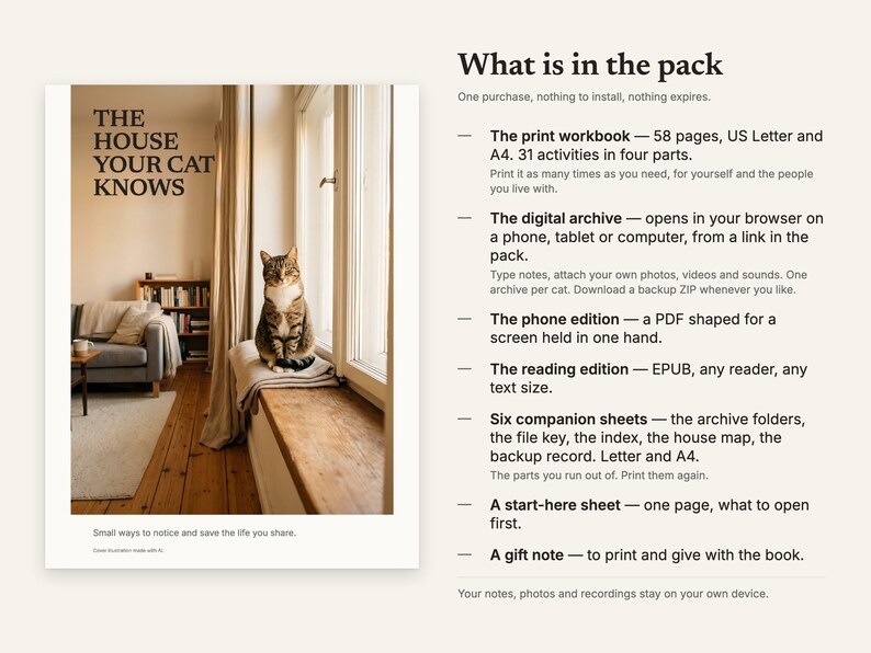 What is in the pack: print workbook, digital archive, phone edition, EPUB, six sheets, start-here sheet, gift note