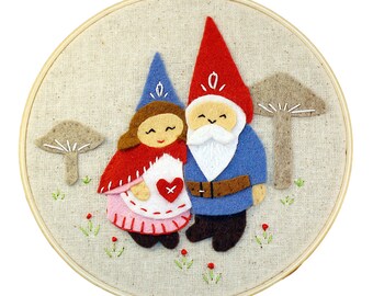 Gnomes Embroidery Kit, Gnome Sewing Kit, Beginner Beginner Kit, Woolfelt Applique, Hand-Stitching - 'Gnomes' Hoop Kit Heidi Boyd