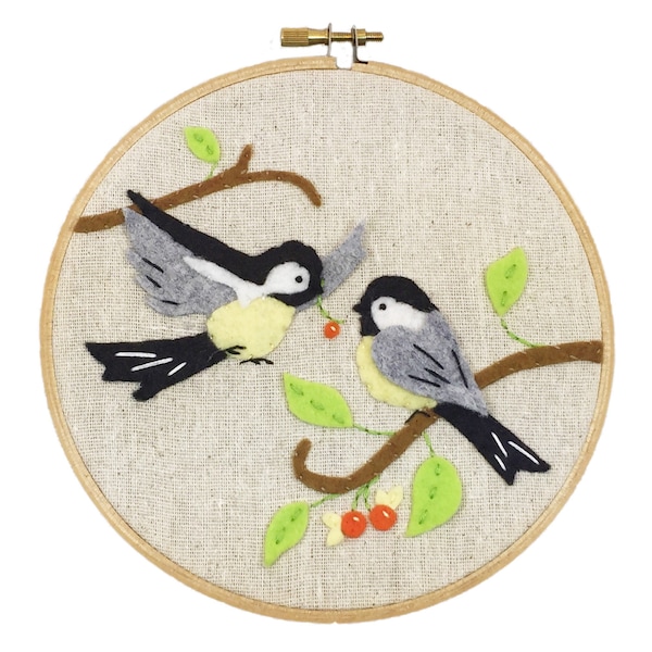 Chickadees Applique and Embroidery Kit, Felt Chickadee, Bird Embroidery Kit, Beginner Embroidery Kit, Chickadees Hoop Kit, Heidi Boyd