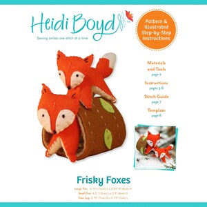 May include: A felt craft pattern for making two foxes and a log. The pattern includes instructions for sewing the foxes and log, as well as a template for cutting out the pieces. The foxes are orange with white accents and the log is brown with green leaves.