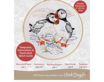 Puffin PDF Embroidery, Nature Studies Embroidery Kit, Atlantic Puffins, Puffin Embroidery Pattern, Maine Puffins Heidi Boyd