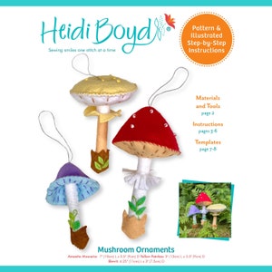 May include: A felt craft pattern for making three mushroom ornaments. The pattern includes instructions and templates for making a red and white amanita muscaria mushroom, a yellow mushroom, and a purple and blue mushroom. The mushrooms are 7 inches, 5 inches, and 4.25 inches tall.