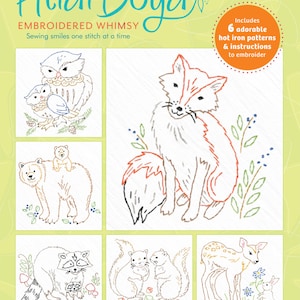 May include: A set of six iron-on transfer patterns for embroidery featuring adorable woodland animals, including a fox, owl, bear, raccoon, squirrel, and deer. The patterns are designed for embroidery and include instructions. The title "Forest Friends Hot Iron Transfers" is printed on the bottom of the image.