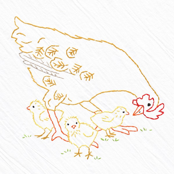 Hen & Chicks Tea Towel Embroidery Kit, Chicken Embroidery Kit, gold Chicken, Yellow Chicks, Beginner Embroidery Kit, Heidi Boyd