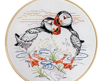 Puffin Embroidery, Nature Studies Embroidery Kit, Atlantic Puffins, DIY Embroidery Kit, Maine Puffins Heidi Boyd