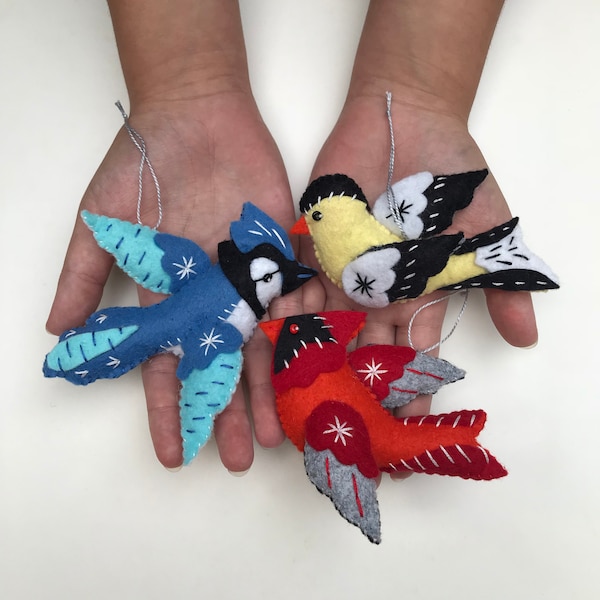 Cardinal, Blue Jay, Goldfinch, Bird Ornaments. Felt Ornaments, Christmas Ornaments, DIY Ornaments, PDF Ornament Pattern, Felt Birds