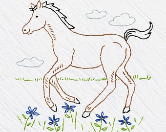 Paard Theedoek Borduurset, Bruin Colt, Beginner Borduurset, DIY Naaien, Hand-Stikken - 'Colt' Heidi Boyd