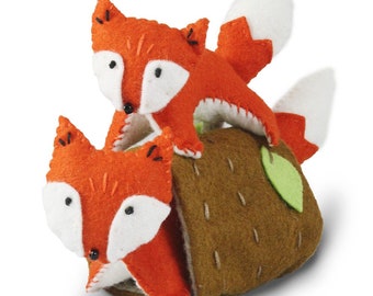 Foxes Sewing Kit, Felt Fox Craft Kit, Orange Foxes with Tree House, Fox Ornament, Beginner Sewing Kit, 'Frisky Foxes' Heidi Boyd