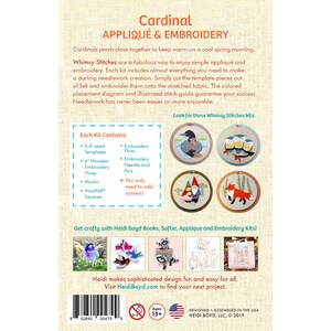 May include: A colorful back of a product packaging for a Cardinal Applique & Embroidery kit. The packaging features a red cardinal, a bluebird, a fox, and a gnome. The text on the packaging reads "Cardinal Applique & Embroidery" and "Whimsy Stitches".