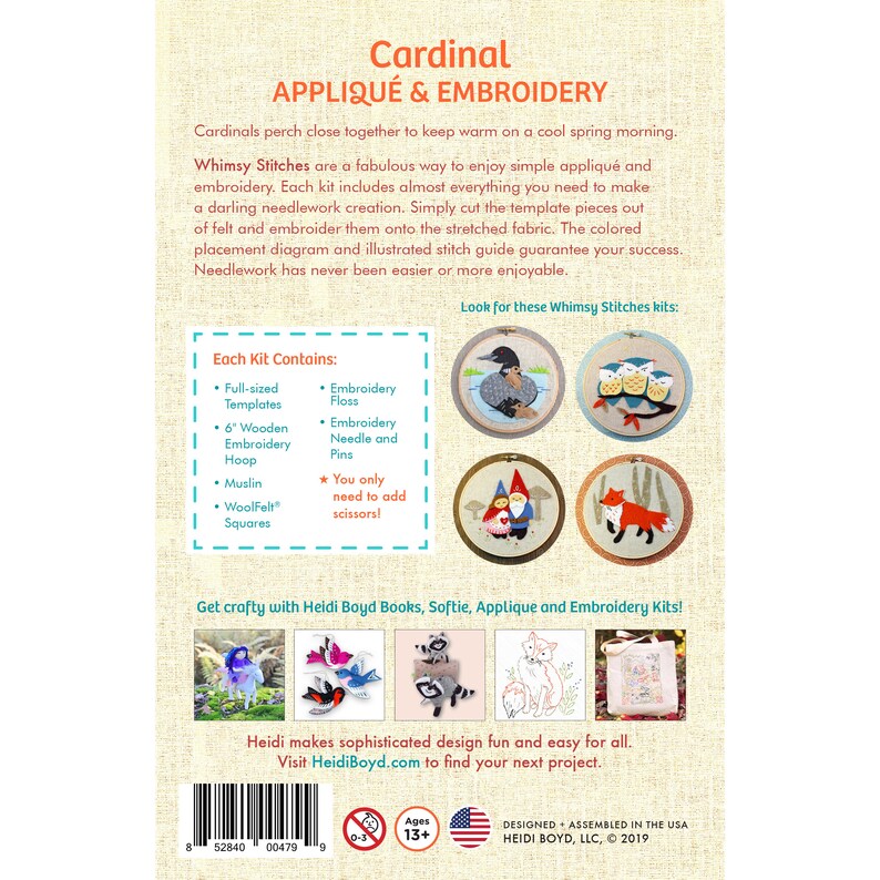 May include: A colorful back of a product packaging for a Cardinal Applique & Embroidery kit. The packaging features a red cardinal, a bluebird, a fox, and a gnome. The text on the packaging reads "Cardinal Applique & Embroidery" and "Whimsy Stitches".