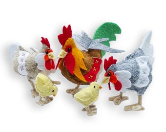 Felt Chickens, Rooster, Hens & Chicks, Chicken Sewing Kit, New Hampshire Red, Plymouth Rock Chicken, Felt Craft Kit, Chicken Craft Kit