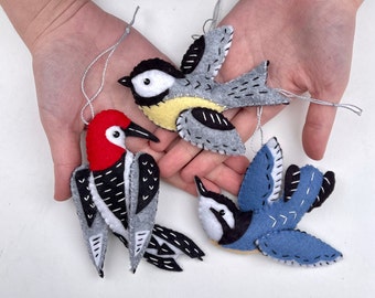 Woodpecker, Nuthatch, Chickadee, Bird Ornaments, Bird Sewing Kit, Felt Ornaments, Woodland Birds, Felt Craft Kit, Ornament Sewing Kit