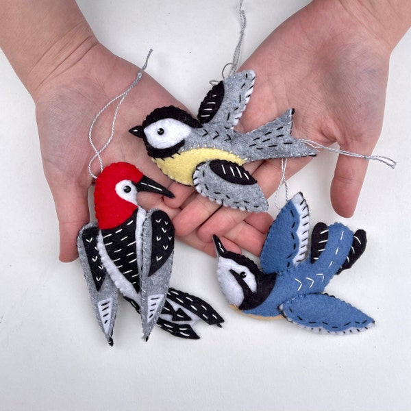 Woodpecker, Nuthatch, Chickadee, Bird Ornaments, Bird Sewing Kit, Felt Ornaments, Woodland Birds, Felt Craft Kit, Ornament Sewing Kit