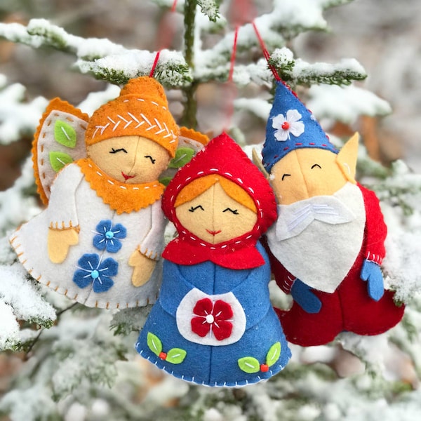 Trio di ornamenti in PDF. Ornamento di Babbo Natale, Ornamento di Gnomo, Ornamento di Angelo, Ornamenti in Feltro, Natale Fai da Te, Modello in PDF, Decorazioni Natalizie