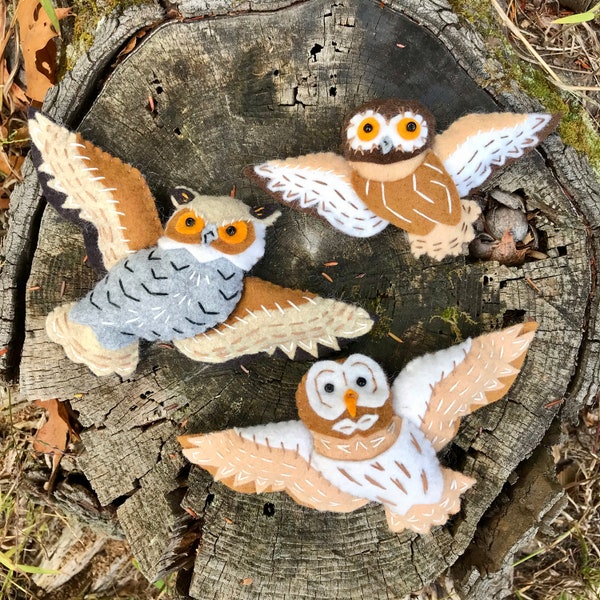 Great Horned, Barn and Saw-Whet Ornaments, Owl Sewing Kit, Felt Ornaments, Owl Ornaments, Felt Craft Kit, Ornament Sewing Kit