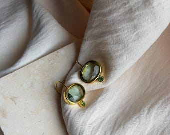 Green Oval Drop Earrings, Gold Stainless Steel Statement Earrings, Faceted Stone Dangle Earrings, Minimalist Gift for Her