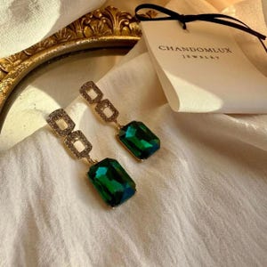 Emerald Cut Green Crystal Drop Earrings, Gold Pavé Link Chain Statement Earrings, Evening Gift