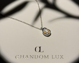 Freshwater Pearl Pendant Necklace Silver | Organic Frame Pearl Necklace UK | Minimalist Silver Necklace | Bridesmaid Gift