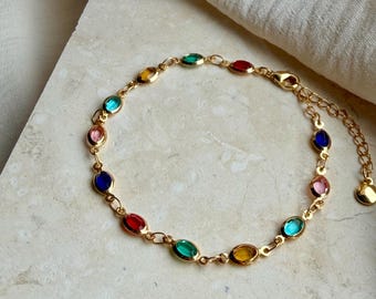 Multicolour Glass Bracelet, 18K Gold Plated Station Bracelet, Oval Bezel Set Chain, Colourful Stone Bracelet, Gift for Her