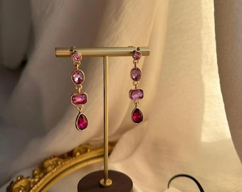 Pink Ombre Crystal Cascade Drop Earrings, Blush to Ruby Gold Statement Earrings, Long Bridal Evening Gift for Her