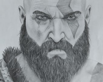 Kratos - God of War. Potloodtekening. A4-formaat in een cliplijst